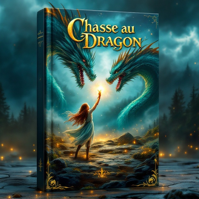 A breathtaking scene set against a stormy sky. The backdrop features a fierce, majestic dragon with glistening scales in vibrant shades of teal and green. It roars mightily as it faces off against a valiant young girl with determined eyes and flowing hair. She is holding a golden arm high, which catches and reflects the stormy light. The ground beneath them is a blend of rocky terrain mixed with patches of lush, enchanted forest glowing with ethereal lights.