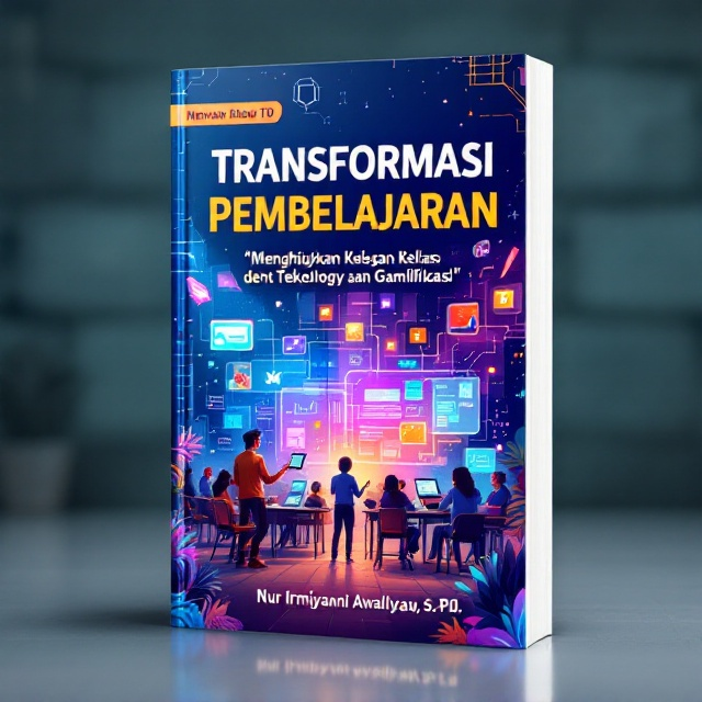The cover features a vibrant and dynamic illustration of a modern classroom setting. In the foreground, a teacher is depicted interacting with students using tablets and VR headsets. Digital elements like streaming data, game icons, and light holograms float around the room, creating a sense of technological immersion and gamification. The background showcases a burst of colors representing excitement and creativity, with a gradient effect that transitions from cool blues to energetic oranges and pinks.