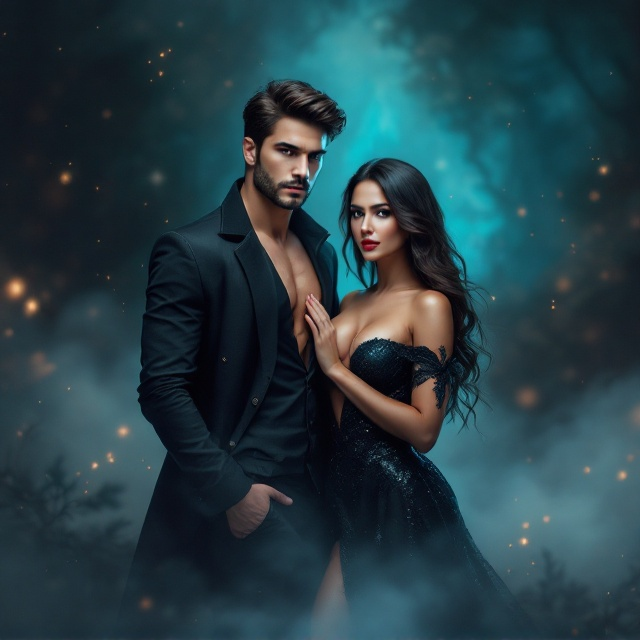 A striking cover featuring a tall, dashing young man with an aura of strength, charm, and attractiveness. He stands confidently, emanating an air of mystery and allure. Beside him is a voluptuous, alluring woman, exuding a sexy, sophisticated charisma. The background is dreamy, with mystical elements like subtle sparkling stars or a faint silhouette of an enchanted castle, suggesting a fantasy realm.