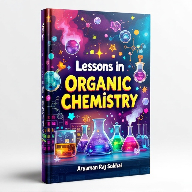 The cover features a vibrant and colorful chemical reaction in progress with beakers and flasks emitting smoke and bubbles. The background includes a periodic table with elements highlighted in bright colors, blending into a gradient of lively hues. The title is centrally placed within the reaction, surrounded by animated graphical representations of molecules and bonds.