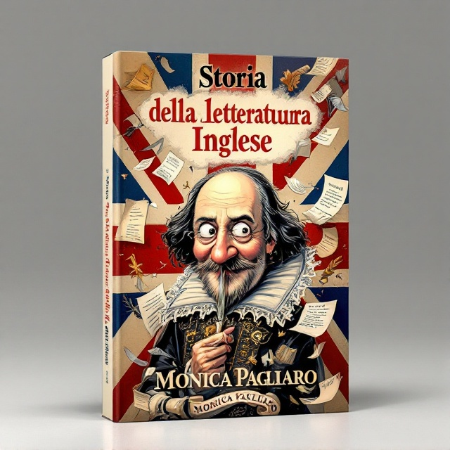 A vibrant cover featuring a humorous caricature of Shakespeare with an exaggerated quill pen and a cheeky smile, set against a backdrop of the Union Jack flag subtly interwoven with red hues. Surrounding Shakespeare are floating pages, quills, and other iconic symbols from English literature, creating a playful collage.