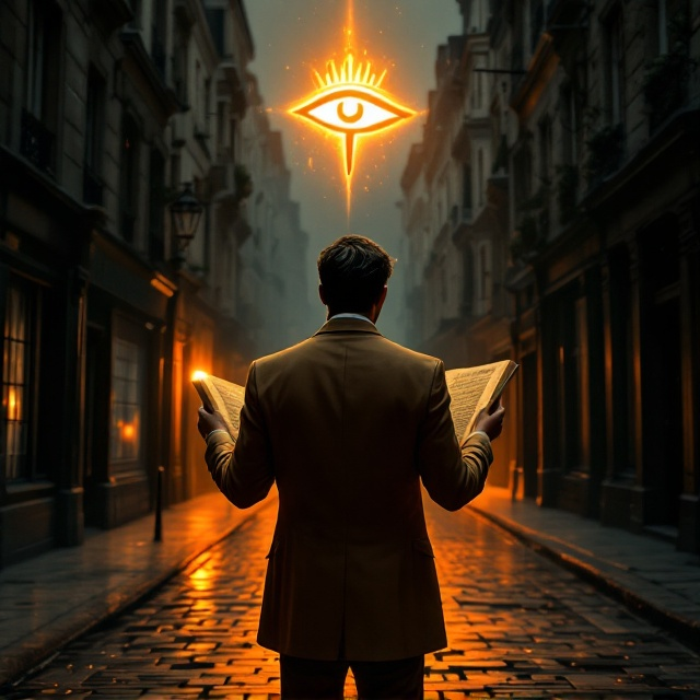 Louis Mariposa stands centrally in a camel-colored suit, his back to the viewer. He holds an ancient papyrus casting a mysterious orange glow. The background captures a dark, empty Parisian street lined with old buildings, casting elongated shadows. An ancient Egyptian symbol, the Eye of Horus, hovers beside him, emitting a soft metallic gray hue. An illuminated window in one of the buildings hints at hidden narratives within. The scene is enveloped in an aura that combines modern and ancient mysteries with a focus on the glowing elements, creating intrigue and suspense.