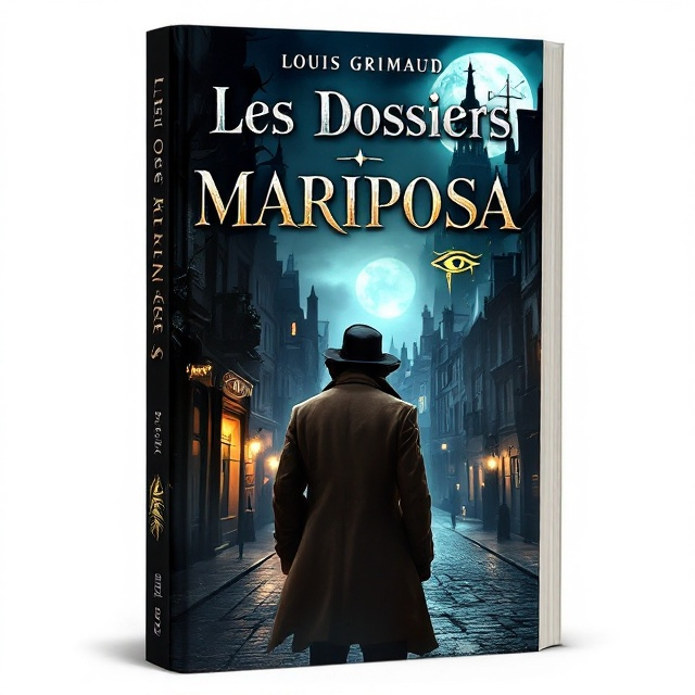 The cover showcases a dimly lit Parisian street under a moonlit sky, filled with old, eerie buildings. At the center, Louis Mariposa, seen from behind in a slightly blurred focus, is depicted wearing his distinctive camel-colored suit, holding an illuminated ancient papyrus. Shadows from the buildings loom significantly around him, adding an element of danger and suspense. At the top right corner, an illuminated window hints at ongoing an investigation. Near Louis, the Eye of Horus subtly glows, hinting at occult mysteries and ancient secrets.