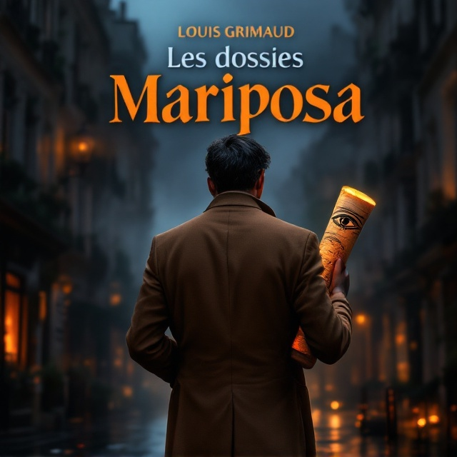 Louis Mariposa is shown from behind in the center, slightly blurred, wearing a distinctive camel-colored suit. He holds an ancient papyrus rolled with a part illuminated by a mysterious orange glow. The background is nighttime Paris, with old buildings casting eerie shadows. A softly lit window suggests an ongoing investigation. Near Louis, the Eye of Horus subtly glimmers, and subtle occult forces are suggested by shadowy impressions. The color palette is primarily black with accents of orange and metallic gray.