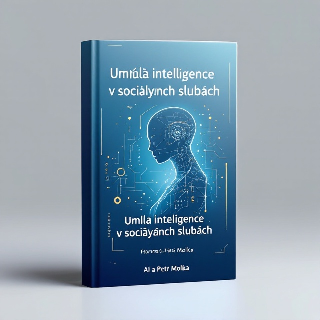 A minimalist design featuring a sleek, stylized silhouette of a humanoid figure intertwined with abstract digital elements such as binary code and geometric shapes. The background has a gradient from light blue to dark blue, symbolizing the potential and challenges of AI in social services. Accents of gold and white are used to add depth and elegance.