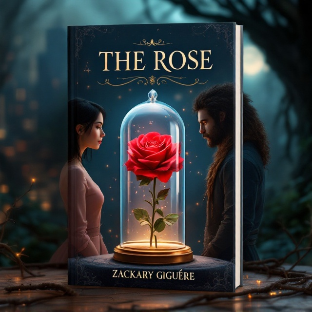 At the center of the cover is a beautifully detailed red rose, housed in a glass cloche, illuminated by soft, ethereal light, with misty sparkles floating around it. To the left, Beauty is portrayed with her dark, shoulder-length hair and contemporary pink attire, her expression gentle and curious as she gazes at the rose. To the right, Beast stands with her wild curly hair and rugged clothing, her posture slightly protective but subtly softened, both characters drawn toward the rose. The background fades from a modern cityscape on Beauty's side to an overgrown, moonlit garden on Beast's, with thorny vines crawling subtly across the edge.