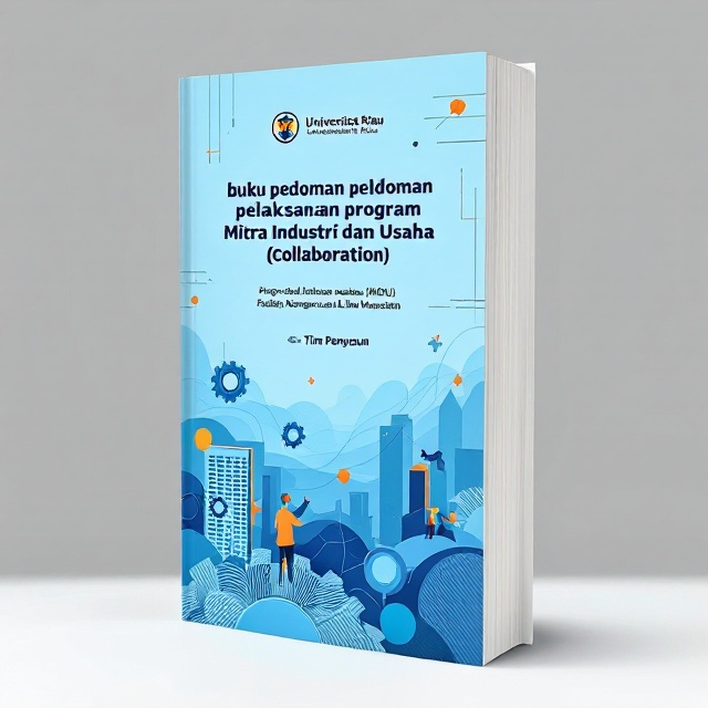 The cover features a light blue sea background with abstract illustrations symbolizing collaboration interlocking gears, a handshake, and the silhouettes of buildings. Geometric lines run through the design to create a sense of dynamism. In the lower section, a bulb icon and a map element highlight innovation and reach. The Universitas Riau logo is placed prominently in the top left corner.