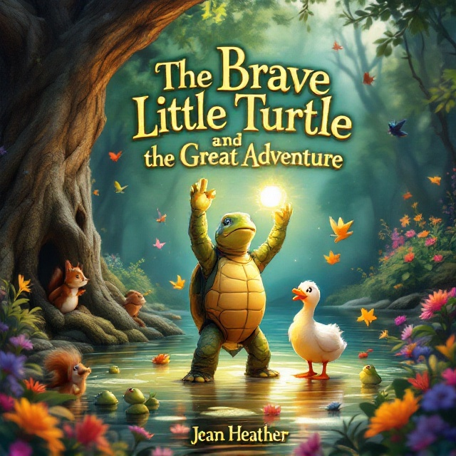 In the center of the cover, Timmy, the turtle, stands heroically holding the glowing Silverstone above his head. Lily, the duck, is beside Timmy, clapping her wings enthusiastically. The pond shimmers with the stone’s light, while colorful birds flit around and vibrant frogs leap above the water. The left side features an ancient oak tree with a squirrel peeking from its base. The forest backdrop is full of curious animals, with sunlight filtering through the lush greenery and colorful flowers framing the scene.