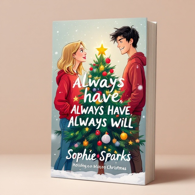 The cover features a whimsical cartoon style. The bottom left showcases a woman in her twenties with shoulder-length blonde hair, wearing a baggy red sweatshirt and blue jeans, looking up at a young man in his twenties with messy black hair, sporting a cheeky smile, positioned in the top right. Between the couple stands a vibrant Christmas tree, with light snow sprinkling across the scene, enhancing the festive and fun atmosphere.