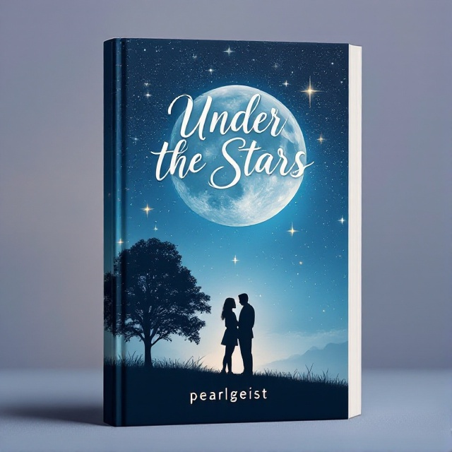 Two people standing close to each other silhouetted against a night sky filled with stars, positioned on a hill. In the background, a large, luminous moon illuminates the scene. There is a large tree near the couple, with branches slightly overhanging them. The color palette consists of soft blues and purples to give a romantic and serene feel.