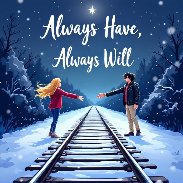 A snowy railway track at night runs through the center of the cover, with snow falling gently both on the track and in the air. On the left, a girl with long blonde hair wearing a red sweater and blue jeans is reaching out with one hand. On the right, a guy with messy black hair dressed in a black leather jacket and cream jeans is extending his hand towards the girl. Despite their outstretched hands, there is a small gap between them. Above them, there is a single star in the sky and a robin perched nearby. The background is a deep, rich navy blue to reflect the night sky. The scene is illustrated in a cartoon-style to emphasize the romantic comedy feel.