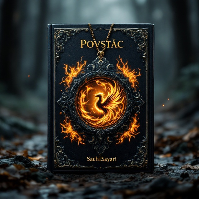 An obsidian necklace, central to the cover, surrounded by swirling flames that dance with an ethereal glow. Within the obsidian, a small, luminous phoenix is visible, radiating a sense of rebirth and power. The necklace looks ancient with intricate carvings. The backdrop is a shadowy forest shrouded in mist, enhancing the mysterious and adventurous feel.