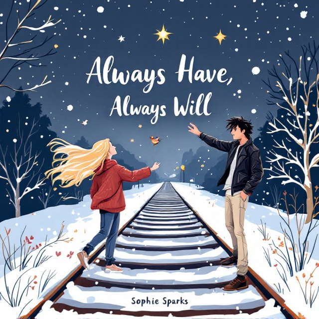 The cover features a cartoon-style snowy railway station at night. On the left, a girl with long blonde hair wears a baggy red sweater and blue jeans. On the right, a guy with messy black hair is dressed in a black leather jacket and cream jeans. They are reaching for each other but are separated by the train track running between them. Snow can be seen on the track and falling in the air. A single star shines in the sky above them, with a robin perched nearby.