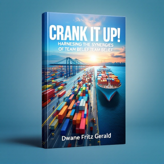 An aerial view of a bustling container terminal with a massive container ship docked, surrounded by a sea of colorful containers. Workers and cranes are in motion, symbolizing teamwork and synergy. The sky is a serene, hopeful blue, with subtle rays of sunlight suggesting optimism and forward movement.