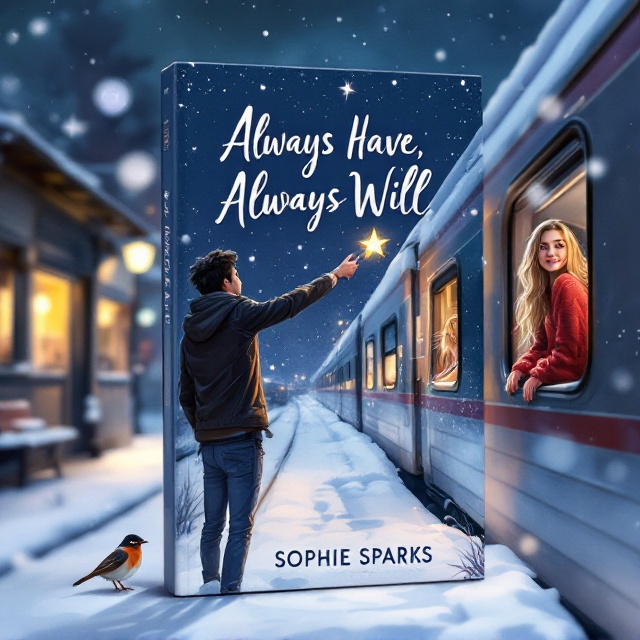 The cover features a snowy twilight scene at a bustling yet somewhat desolate railway station. On the right, a cartoon-style illustration depicts a girl on a train leaning out of the window, her long blonde hair flowing behind her, clad in a cozy, oversized red sweater. On the left, a handsome guy with tousled black hair wearing a black leather jacket and blue jeans reaches toward her. Though close, their hands don’t quite meet. Soft snow falls around them, a single star twinkles in the dusky sky above, and a small robin perches at the station's edge.