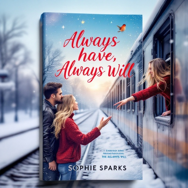 At the center of the cover, a snowy railway station with snow lightly falling. On the right, the girl is leaning out of the train window in a baggy red sweater, her long blonde hair flowing behind her, reaching out. On the left, the handsome guy in a black leather jacket and blue jeans is reaching back towards her. Above the couple, a single star is visible in the sky with a robin perched on a station sign behind them.