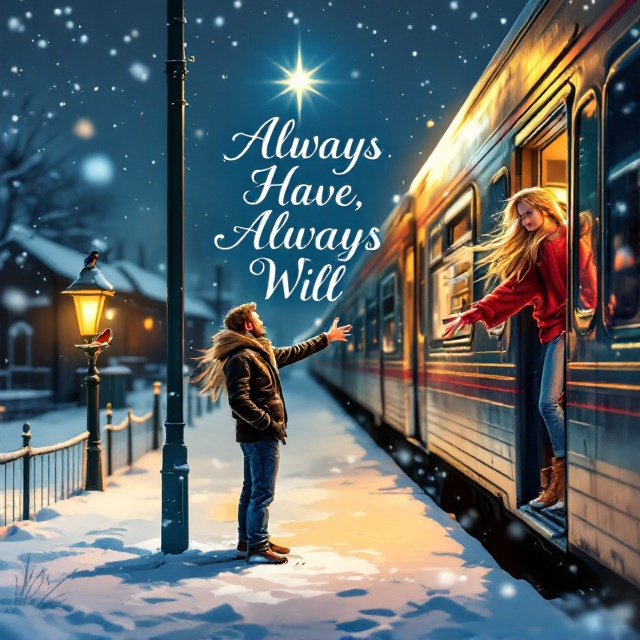 The book cover features a snowy railway station late at night. On the right side, a train is depicted with a girl leaning out of a window, her long blonde hair flowing in the wind and wearing a baggy red sweater. She is reaching out for a man standing on the platform, dressed in a black leather jacket and blue jeans, who is also extending his arm towards her. They are near but can’t touch. There is snow both on the ground of the train station and in the air. Above them, a single star shines brightly in the sky, and a robin is perched on a nearby snow-covered fence.