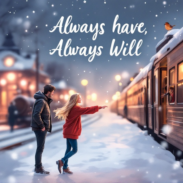 A whimsical, cartoon-style illustration depicting a snowy railway station at night. On the right side, a girl with long blonde hair in a baggy red sweater leans out of a train, reaching for a man in a black leather jacket and blue jeans on the platform. They're portrayed stretching towards each other with exaggerated reach, capturing the tension of a near-touch, surrounded by falling snow. Above, a single twinkling star and a small robin perched on the station roof. The background features a blurred locomotive and softly glowing station lights, enhancing the warm, romantic atmosphere.