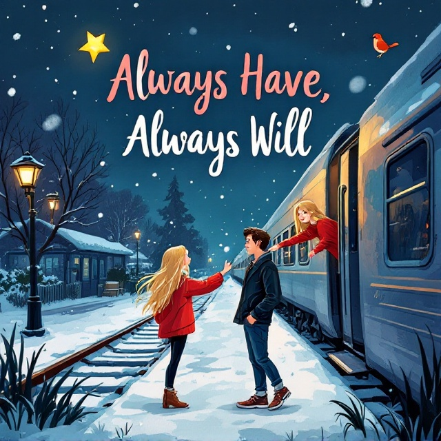 The cover features a whimsical cartoon-style illustration set at a snowy railway station late at night. On the right side, a girl with long blonde hair wearing a baggy red sweater is leaning out of a train. She is reaching towards a man on the platform, who is dressed in a black leather jacket and blue jeans. Their fingers are almost touching but not quite, conveying a sense of longing. Snowflakes gently fall around them, and a single bright star and a robin can be seen in the dark night sky.