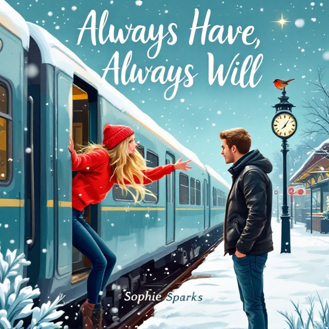 A cartoon-style cover featuring a wintery, snowy railway station. The woman with flowing blonde hair is leaning out of the train in a bright baggy red sweater, reaching out to the man standing on the platform. He's wearing a black leather jacket and blue jeans, leaning slightly towards her. Snowflakes are gently falling around them, and a single twinkling star is visible in the sky, adding a touch of magic. A robin is perched near the station clock above them, tying into the winter theme.