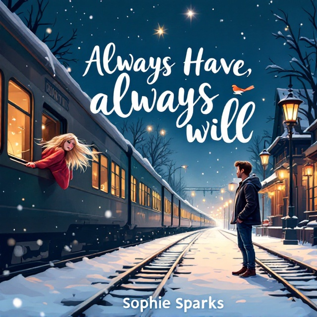 A snowy railway station bathed in the gentle glow of lanterns, cartoon-style, sits at the forefront. On the left, the blonde-haired girl, in a baggy red sweater, is leaning out from a train, her hair flowing gently in the snowy breeze. On the right, the man in a black leather jacket and blue jeans stands on the platform, reaching out to her. Above them, a dark sky with a single twinkling star and a small robin perched subtly adds a whimsical touch.
