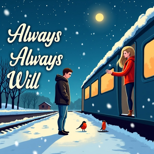 A cartoon-style illustration of a snowy railway station at night. On the right, a woman with long blonde hair wearing a baggy red sweater is leaning out of a train window, reaching for a man standing on the platform. The man is wearing a black leather jacket and blue jeans. Snow is gently falling, and flakes are visible both on the station platform and in the sky. A single star shines brightly above, accompanied by a small robin perched nearby.
