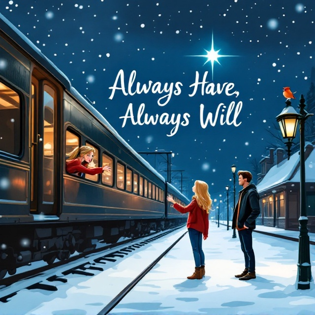 A snow-covered railway station at night with a vintage feel. A cartoon-style girl is leaning out of a train window with long blonde hair and wearing a baggy red sweater, reaching out towards a man wearing a black leather jacket and blue jeans standing on the platform. Light snow is falling, creating a magical atmosphere. A single star shines brightly in the sky above, with a robin perched nearby on an old-fashioned lamppost.