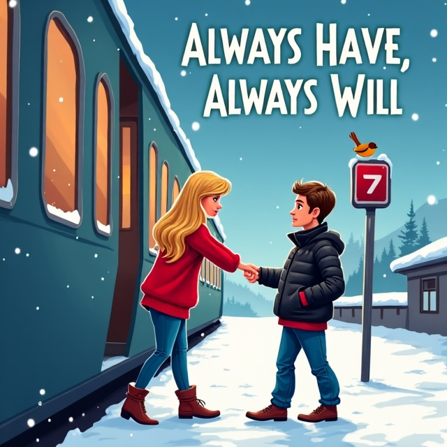 A cartoon-style illustration of a romantic comedy scene at a snow-covered train station. The background features soft snowflakes falling gently and a single star in the sky above. A single robin is perched on the station sign. The foreground shows a young woman with long blonde hair, wearing a baggy red sweater, leaning out of the train and extending her hand towards a man in a black leather jacket and blue jeans.