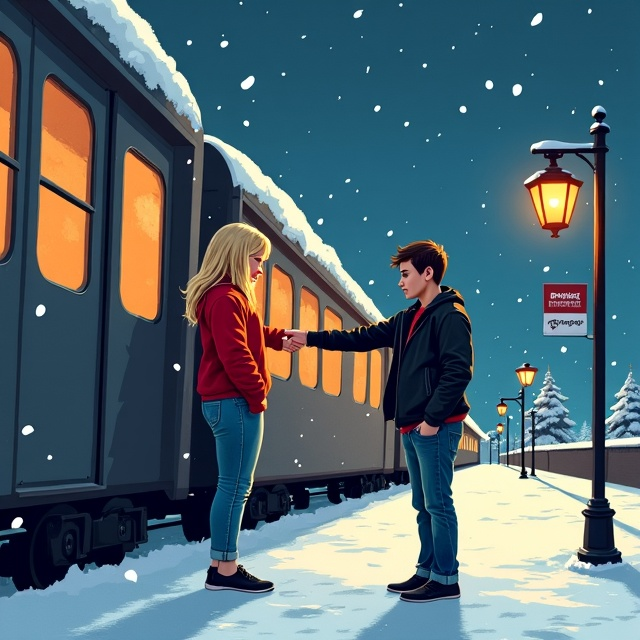 The cover depicts a late-night scene at a snowy train station. A girl with long blonde hair in a baggy red sweater is leaning out of a train. Snowflakes are falling gently in the air. She is reaching out towards a man standing on the platform, dressed in a black leather jacket and blue jeans. Above them, a single bright star glimmers in the dark sky, and a robin perches on a nearby signboard.