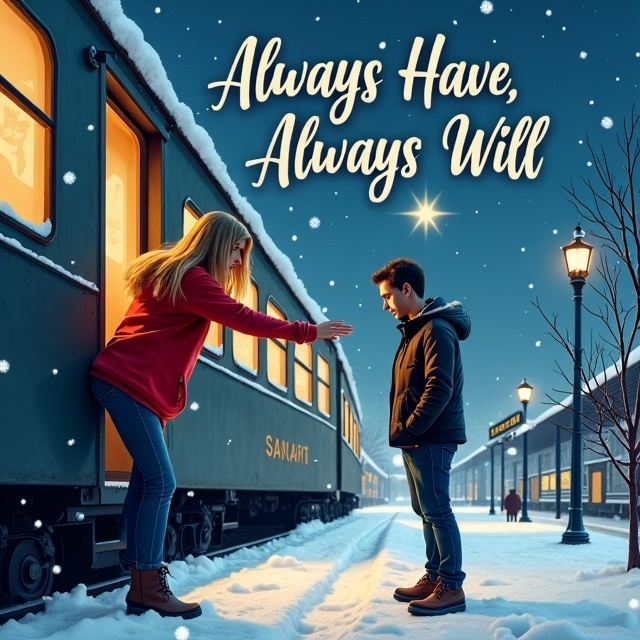 The cover depicts a wintery train station late at night, with snow falling softly around. A single star shines brightly in the sky above, while a robin perches nearby. The girl with long blonde hair is leaning out of the train door in a baggy red sweater, her arm extended but unable to reach the man standing on the platform in a black leather jacket and blue jeans.