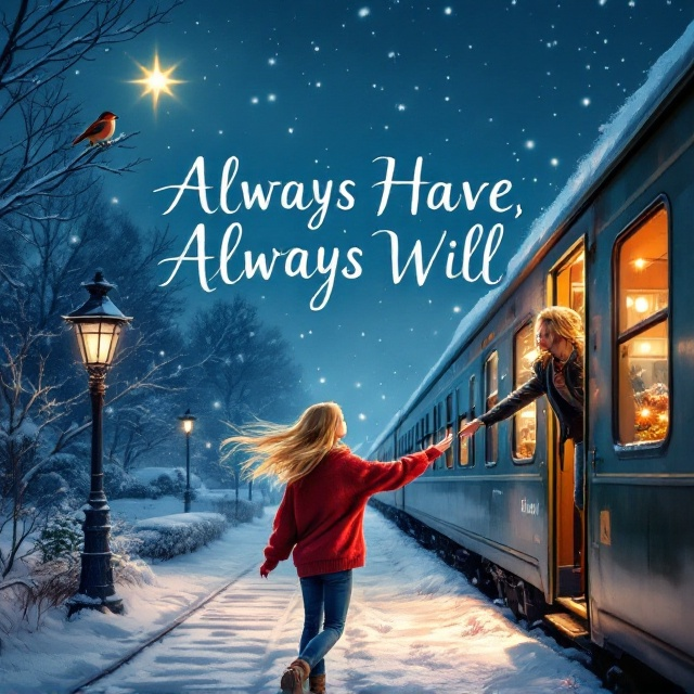 The cover features a cozy, snow-filled train station at night under a starry sky. The single star shines brightly above, with a robin perched on an old-fashioned lamppost to the left. On the right, a train with soft, warm lighting emanates from its windows. A blonde girl in a baggy red sweater leans out of the train window, her hair flowing in the wind as she reaches out towards a man in a black leather jacket and blue jeans, standing on the platform.
