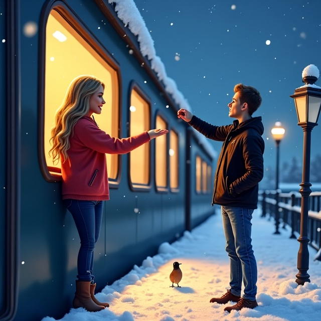 A wintry nighttime scene centered around a train station. Snowflakes gently fall from the dark sky, creating a magical atmosphere. A single bright star twinkles above, and a small robin perches on a snow-dusted railing. On the right side, a girl with long blonde hair, dressed in a baggy red sweater, leans out of a train window, her arm outstretched toward her man on the platform. He stands confidently in a black leather jacket and blue jeans, reaching up toward her. A soft glow from the train's interior casts warm light on their faces.