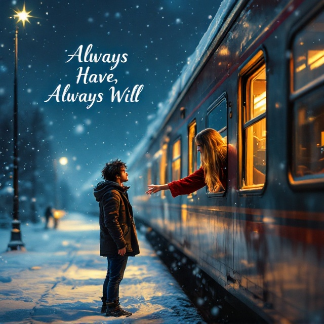 A snowy train station illuminated by soft, ambient lighting under a midnight sky adorned with a single shining star and a small robin perched nearby. The girl with long blonde hair in a baggy red sweater is leaning out of the right side of the train window, her hand stretching towards her boyfriend standing on the platform. He has messy black hair, a black leather jacket, and blue jeans. Snowflakes are falling gently, adding a touch of whimsy and romance to the scene.