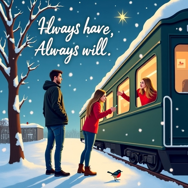 The cover features a romantic comedy scene set at a train station blanketed with gentle snowfall. A train occupies the right side, where a girl with long blonde hair in a baggy red sweater leans out of a window. She is reaching towards a handsome boyfriend standing on the left, dressed in a black leather jacket and blue jeans. Above them, a single star twinkles in the clear night sky, and a robin is perched nearby.