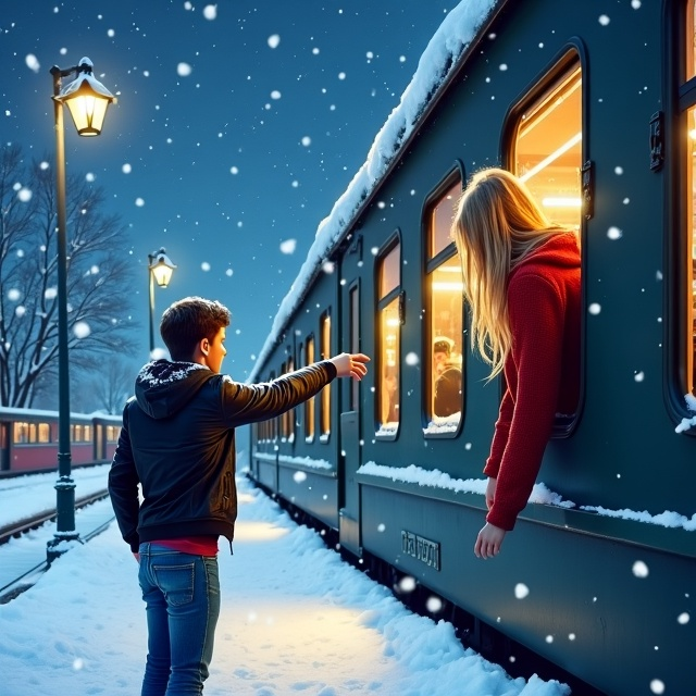 A snowy train station setting at night, with snowflakes gently falling through the air and a single twinkling star and a robin in the sky. On the right, a train is depicted with one window open. A blonde girl leans out of the window, her long hair slightly flowing as if caught in the breeze. She is wearing a cozy, oversized red sweater. On the platform, her handsome boyfriend, wearing a black leather jacket and blue jeans, stretches his hand out toward the train, creating a poignant scene of reaching but not quite touching. The contrasting warmth of romantically charged red against the cool blue and gentle whites of the snowy night sets a perfect tone of painful love.