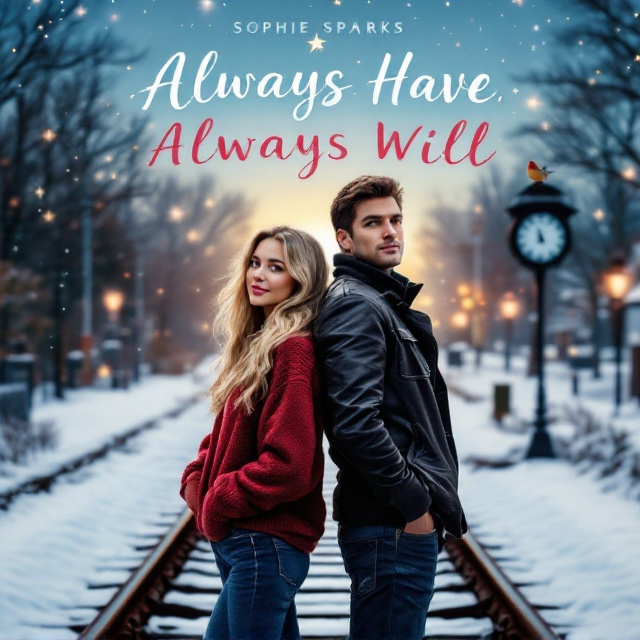 A romantic, snowy railway track scene with a girl with long blonde hair in a baggy red sweater standing back to back with a tall, dark-haired guy in a black leather jacket and blue jeans. A starry sky above and a robin perched on a clock at the train station are visible in the background. The overall mood of the image is both charming and wistful.
