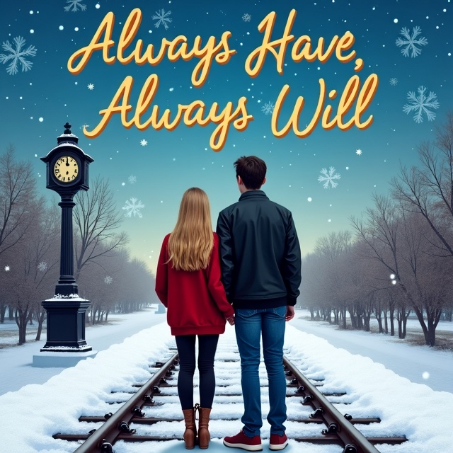 A girl with long blonde hair in a baggy red sweater standing back to back with a tall, dark-haired handsome guy in a black leather jacket and blue jeans on a snowy railway track under a starry sky. A robin perched on the clock in a train station can be seen in the background. Snowflakes gently falling around them enhance the romantic comedy vibe of the scene.