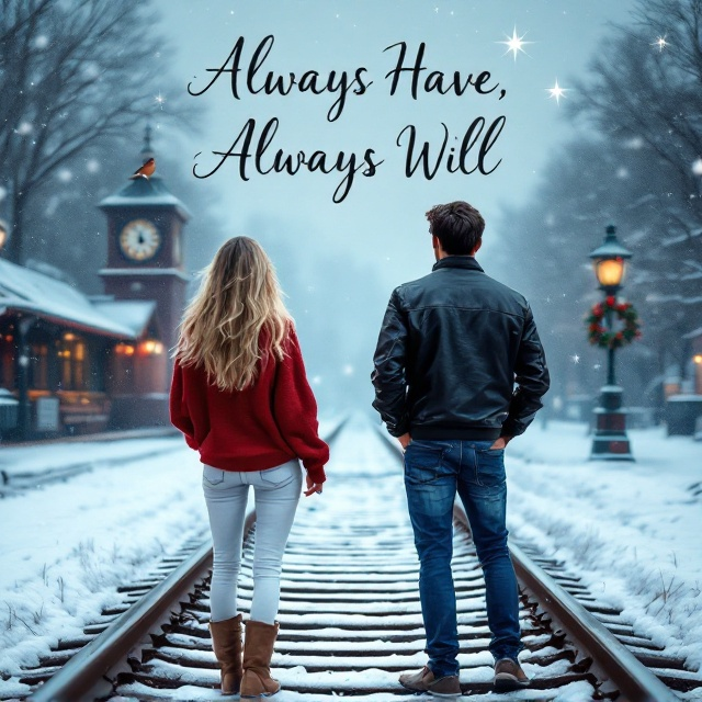 A girl with long blonde hair, wearing a baggy red sweater and white jeans, stands side by side with a tall, dark-haired handsome guy in a black leather jacket and blue jeans on a snowy railway track. Both are facing away, with their backs showing towards the reader. A star shines brightly in the sky, and there is a robin perched on a clock in a train station seen in the background, adding a festive Christmas element. Snow is gently falling, creating a cozy and slightly magical atmosphere.