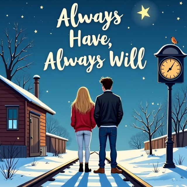 A whimsical scene set at 2am under a starry sky, featuring two characters standing on a snow-covered railway track. The girl has long blonde hair, wearing a baggy red sweater and white jeans. The tall, dark-haired handsome guy is in a black leather jacket and blue jeans. They’re depicted facing away, adding a sense of mystery and intrigue. Above them, a bright star twinkles in the sky, and a small robin perches on a clock at a train station, adding charming detail to the composition.
