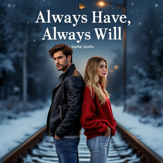 A snowy railway track at night with a midnight clock in the background. Underneath the clock, there is a small robin perched on top of it. A tall, dark-haired handsome guy in a black leather jacket and blue jeans stands on one side, and a girl with long blonde hair in a baggy red sweater and white jeans stands on the other side. They stand back to back, staring ahead with half their faces visible. Above them, a star-filled sky adds a touch of magic and romance to the scene.