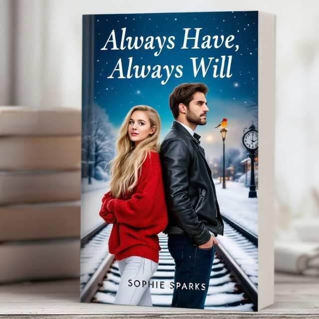 The cover features a snowy railway track stretching into the distance under a star-lit sky. The girl with long blonde hair is wearing a baggy red sweater and white jeans, standing side by side with a tall, dark-haired handsome guy in a black leather jacket and blue jeans. Both are positioned back to back, facing forward so that only half of their faces are visible. A robin is perched on a clock in the train station, subtly tucked into the background scene.