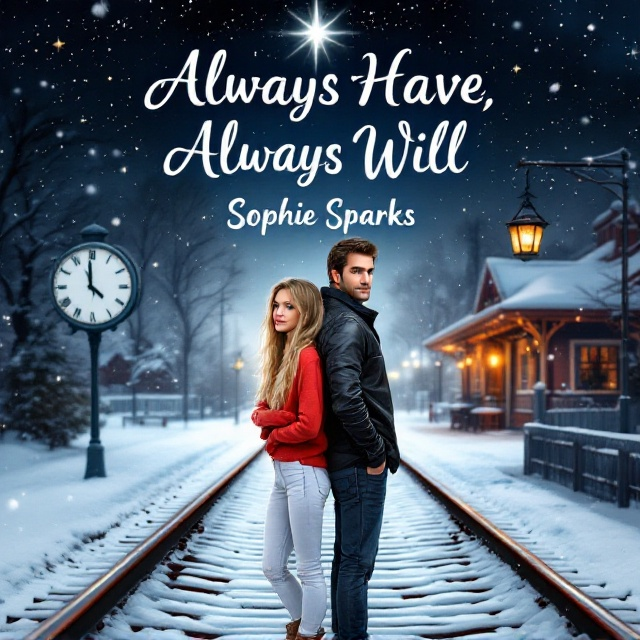 A snowy railway track stretches across the cover. The girl with long blonde hair in a vibrant red sweater and white jeans stands on the left, back-to-back with a tall, dark-haired handsome guy in a black leather jacket and blue jeans. They are positioned slightly to the left of the center under a dark, starry sky with a bright star twinkling above them. A robin perches on a clock hanging within a quaint station in the background, partially obscured by the swirling snowflakes in the air. Half of each character's face is visible, enhancing the romantic tension.