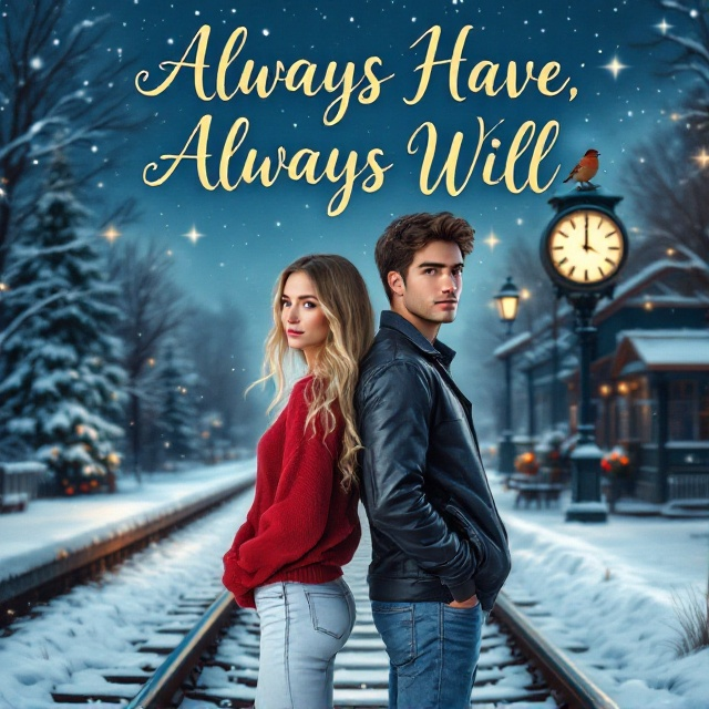 A picturesque snowy railway track with a starry night sky in the background. The girl with long blonde hair and a red baggy sweater and white jeans stands back to back with the handsome dark-haired guy in a black leather jacket and blue jeans. Only half their faces are visible as they stare ahead. A robin is perched on a clock at a train station, blending various elements seamlessly.