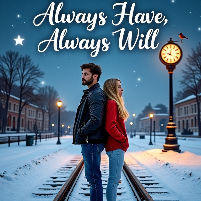 A snowy railway track scene with a tall, dark-haired handsome guy in a black leather jacket and blue jeans standing back to back with a girl with long blonde hair, wearing a baggy red sweater and white jeans. Both are staring ahead so only half their faces are visible. A bright star is visible in the night sky. A robin is perched on a clock in the train station, subtly placed in the background.