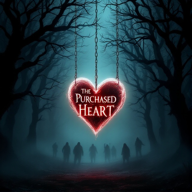 A dark, misty forest with twisted, leafless trees forms the background. In the center, a ghostly, almost translucent heart hangs suspended by ethereal chains. Red, eerie light glows faintly through the heart, casting ominous shadows. Silhouettes of screaming faces subtly appear in the fog and on the forest floor.