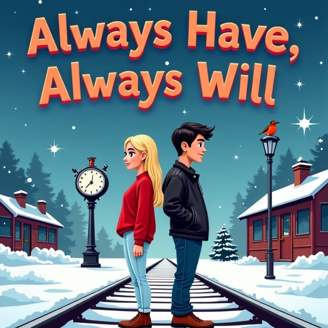 A semi-cartoon design featuring a snowy railway track as the background. The girl with long blonde hair in a baggy red sweater and white jeans stands back-to-back with the tall, dark-haired, stubbly handsome guy in a black leather jacket and blue jeans. They are positioned in the foreground with only half of their faces visible, staring ahead. The sky is a deep, festive blue with a sparkling star. A robin perches on a clock in the train station in the middleground.