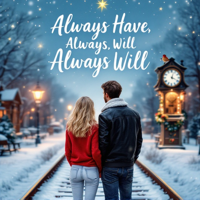 A picturesque snowy railway track scene with the blonde girl in her baggy red sweater and white jeans standing back-to-back with a tall, dark-haired man in a black leather jacket and blue jeans. They are placed in the central part of the cover, with only half of their faces visible as they stare ahead. A luminous star shines brightly in the sky, a cheerful robin perches on an antique clock within the train station, all bathed in a soft Christmas glow.