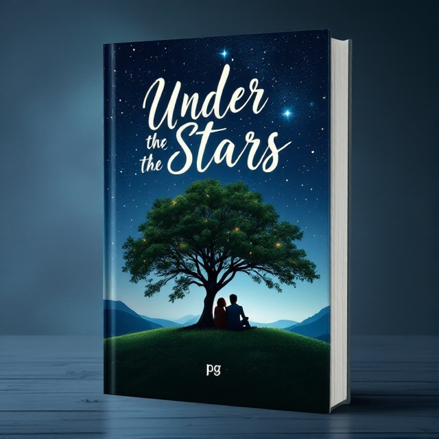 A scenic cover featuring a serene night sky filled with sparkling stars. A large, lush tree is prominently positioned on a gentle hill. Two people are seated under the tree, snuggled close together, gazing up at the stars. Their silhouettes blend harmoniously with the tranquil night landscape.
