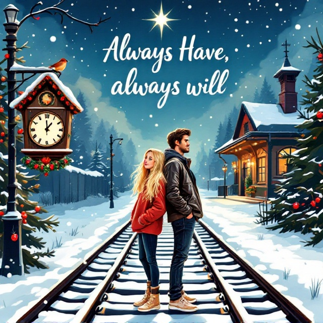 The cover features an illustrated, graphic art style. A girl with long blonde hair and a baggy red sweater is standing back to back with a tall, dark-haired, handsome guy in a black leather jacket and blue jeans, placed on a snowy railway track. Above, a bright star twinkles in the night sky, adding a magical touch. A small robin is perched on a clock inside a train station, visible in the background to evoke a sense of place. Christmas elements like gently falling snowflakes and subtle green wreath elements are integrated into the scene to enhance the festive feel.