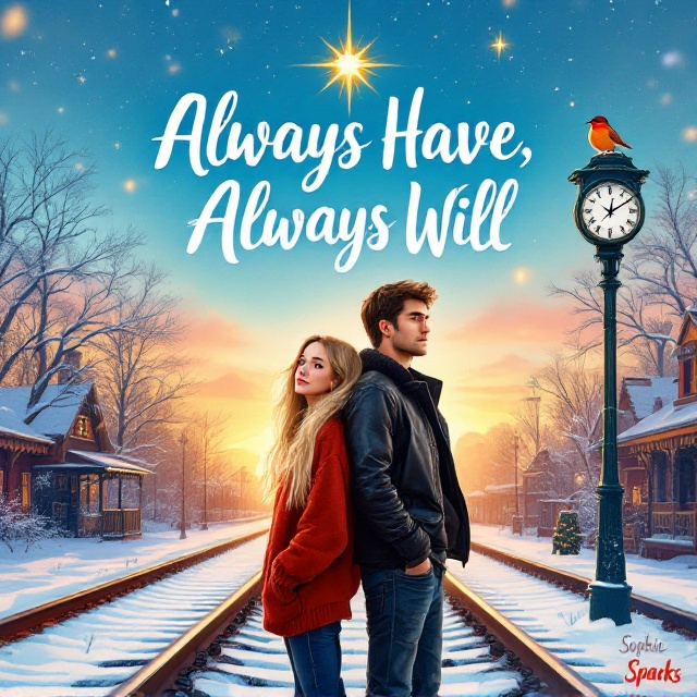An illustrated, graphic art image of a snowy railway track at sunset. A girl with long blonde hair and a baggy red sweater stands back to back with a tall, dark-haired, handsome guy in a black leather jacket and blue jeans. Above them, a bright, glowing star shines in the sky. A cheerful robin perches on a clock in an old-fashioned train station in the background.
